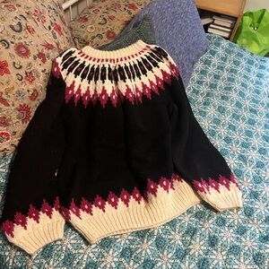 Black and Cream Hand Knit Crew Neck Sweater with Nordic Pattern.